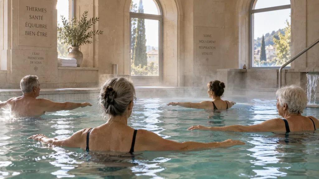 Bassin d'eau thermale avec vapeur pendant une séance de mobilisation en piscine