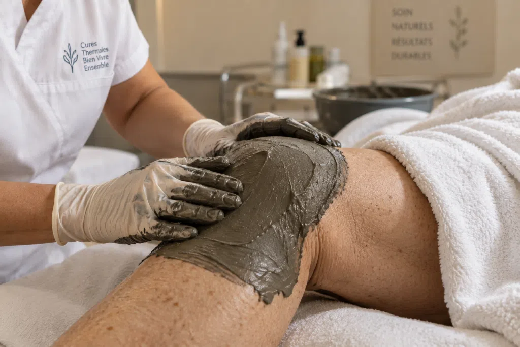 Application de boue thermale chaude sur un genou pendant une cure de rhumatologie