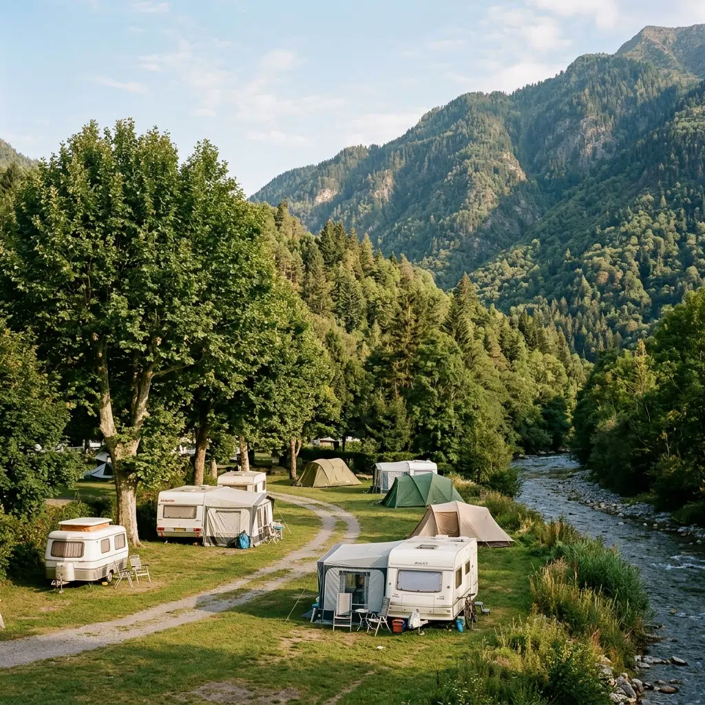 Emplacements de camping ombragés en fond de vallée près du Tech