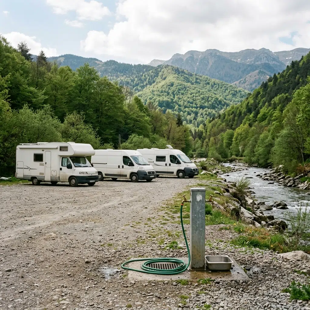 Camping-cars stationnés sur une aire en bord de rivière dans le Vallespir