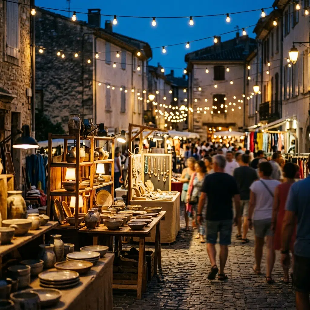 Marché nocturne d'été avec guirlandes lumineuses et stands d'artisanat