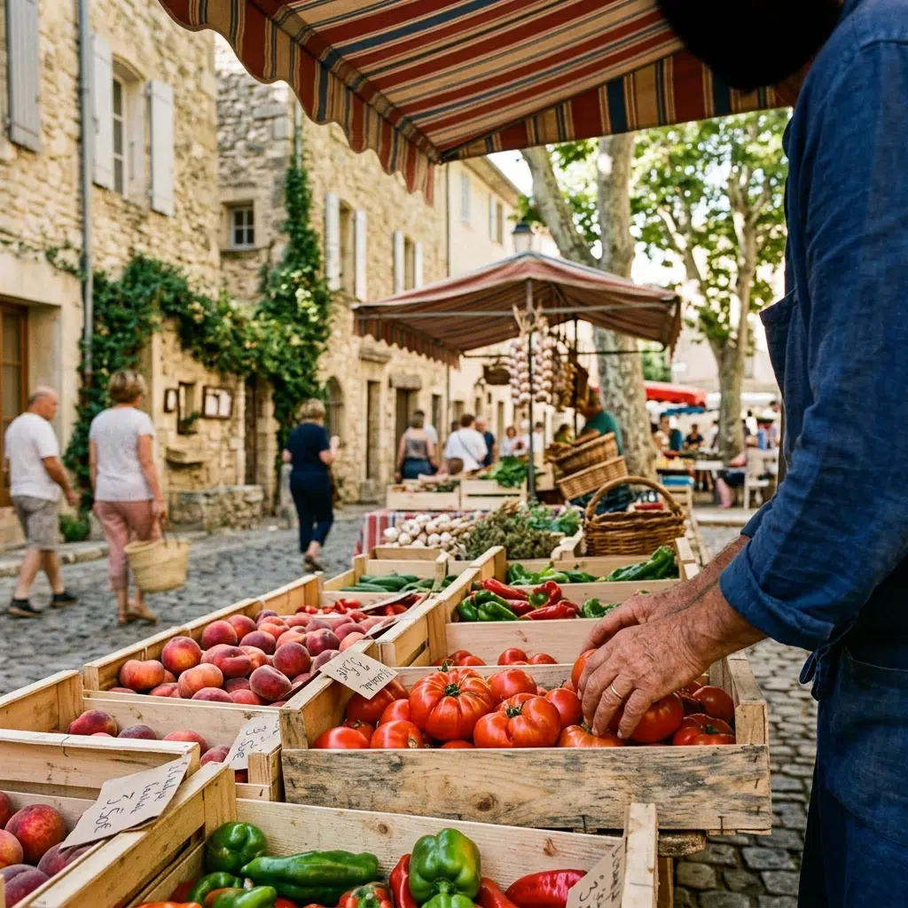 Étal de fruits et légumes sur un marché catalan en matinée